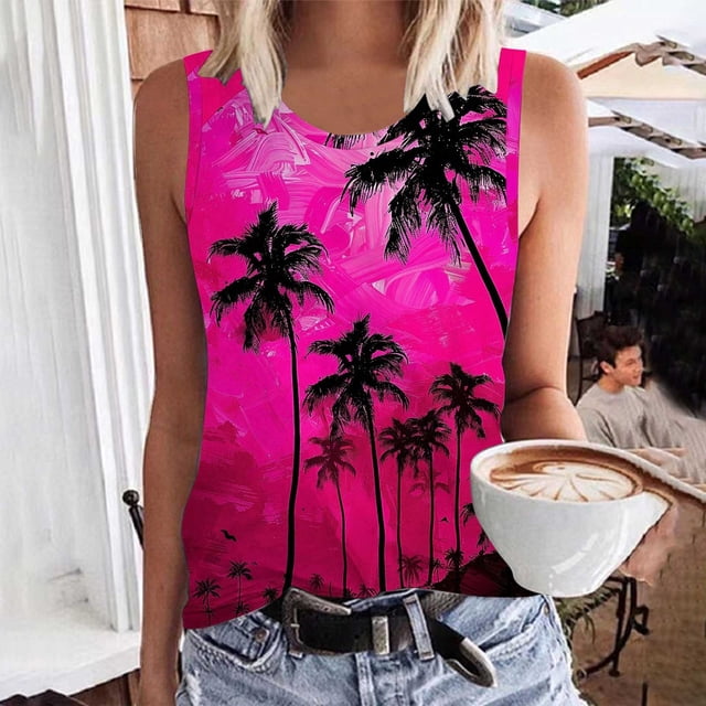 lSLJS Women Floral Printing Tank Round-Neck Sleeveless Block Tunic Tee Tops, Womens Tank Tops
