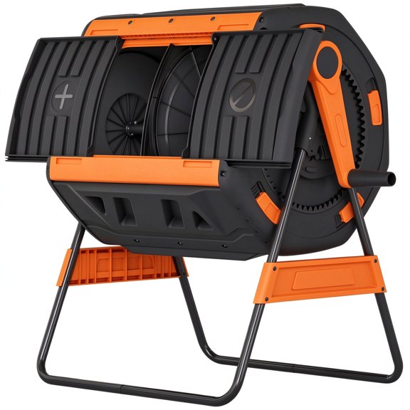 220L Dual Chamber Tumbling Composter, Rotating Compost Bin with 2 Sliding Doors, Outdoor Composting Bin for Garden, Yard and Kitchen Waste