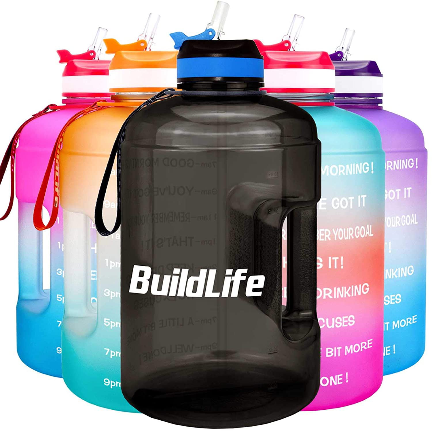 BuildLife Motivational Gallon Water Bottle BPA Free Wide Mouth with Straw & Time Marker to Ensure You Drink Enough Water Throughout The Day 128OZ/64OZ Reusable Gym Sports Outdoor Large Capacity 