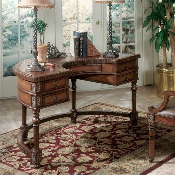 Bowery Hill Traditional Wood Oak Leather Top Demilune Writing Desk
