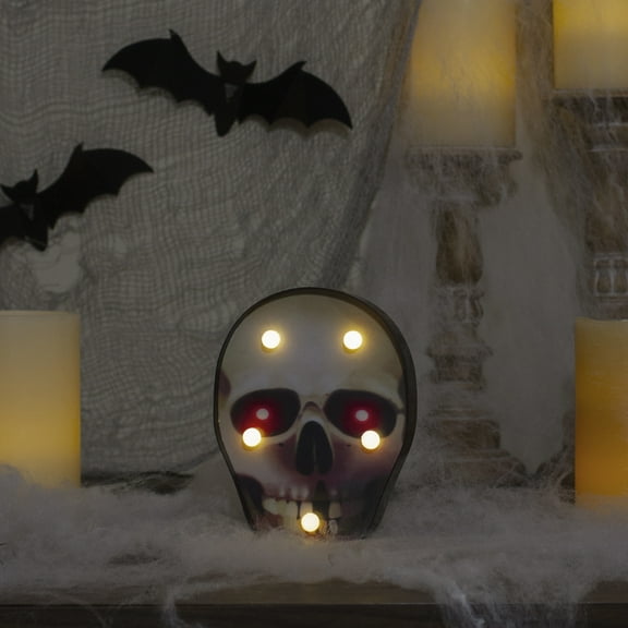 Northlight Lighted Skull Halloween Decoration - 7" - Warm White Lights - Black and Red