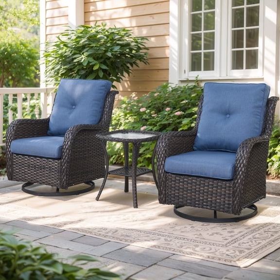 Planntonneo 3-Piece Wicker Patio Conversation Set - Swivel Rocker Chairs and Side Table with Removable Olefin Cushions for Garden/Patio/Deck, Brown/Blue