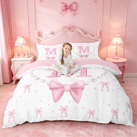 meiyoeat Chic Bow Tie Bedding For Bowknot Girls,Pink Initial Letter M Duvet Cover Full For Kids,Pink Reversible,3-Piece(No Comforter)