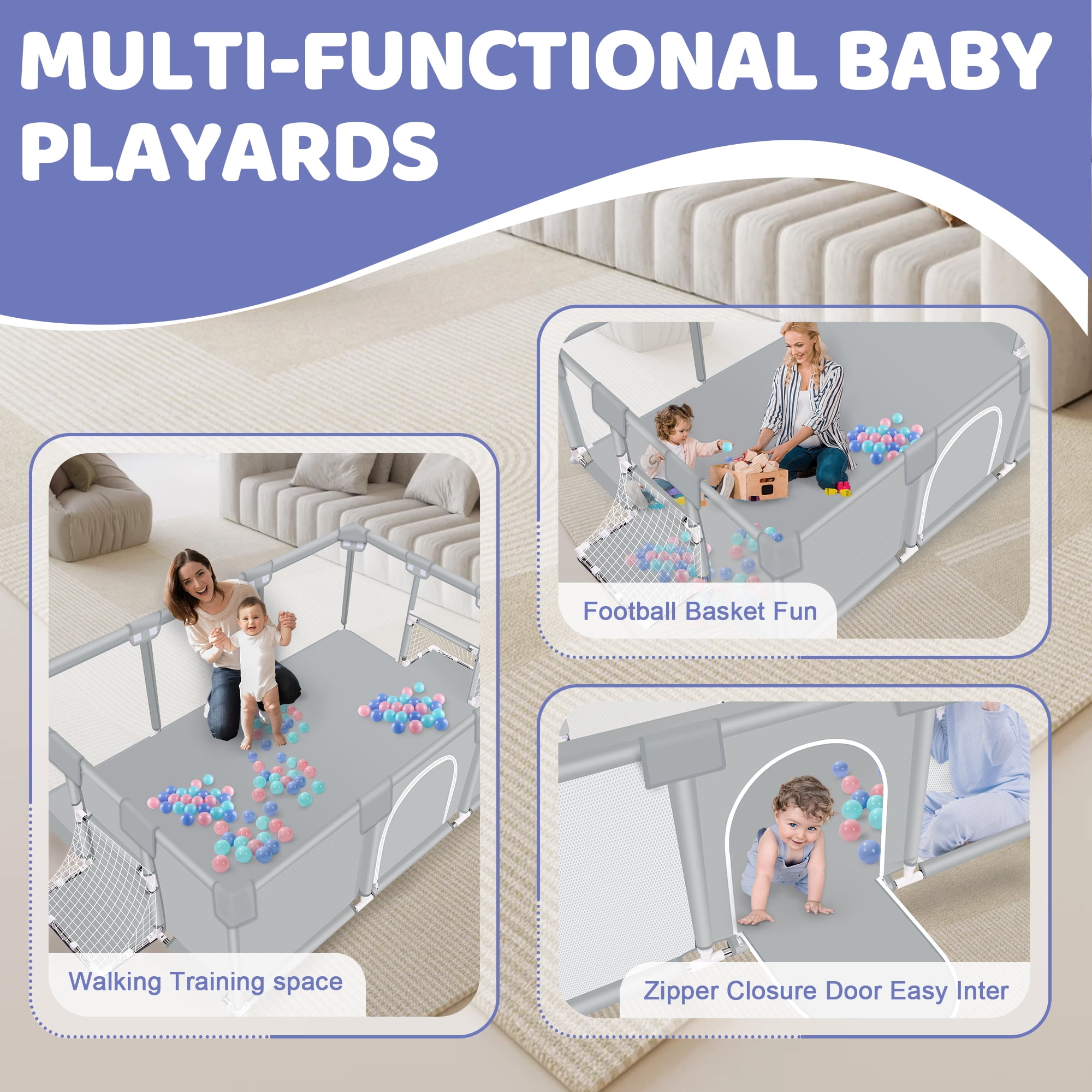 Baby Playpen, HDJ 71 inch Extra Large Baby Play Yard with Soft Breathable Mesh, Play Fence for Infant and Toddlers, Anti-Slip Base, Gray