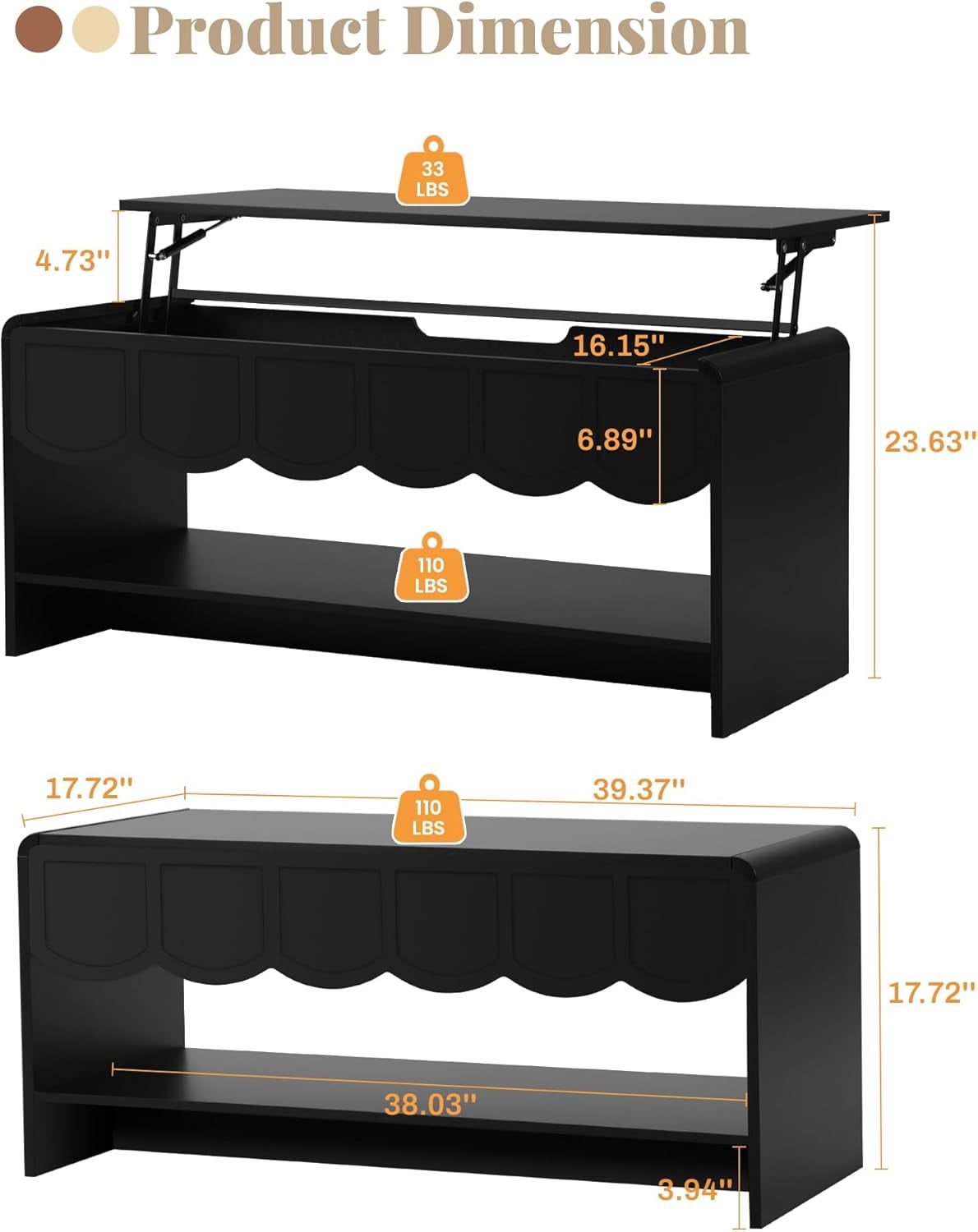Wirrytor Lift Top Coffee Table with Storage for Living Room, Oval Coffee Table with Hidden Compartment and Open Shelf, Modern Center Table with Wave Edge Design
