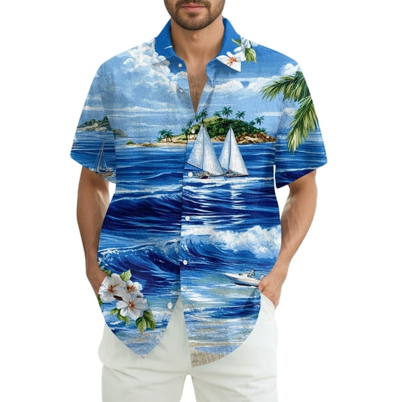 Hawaiian Shirt for Men Sailboat Print Short Sleeve Button Down Summer Shirt Fashion Beach Shirt for Holiday