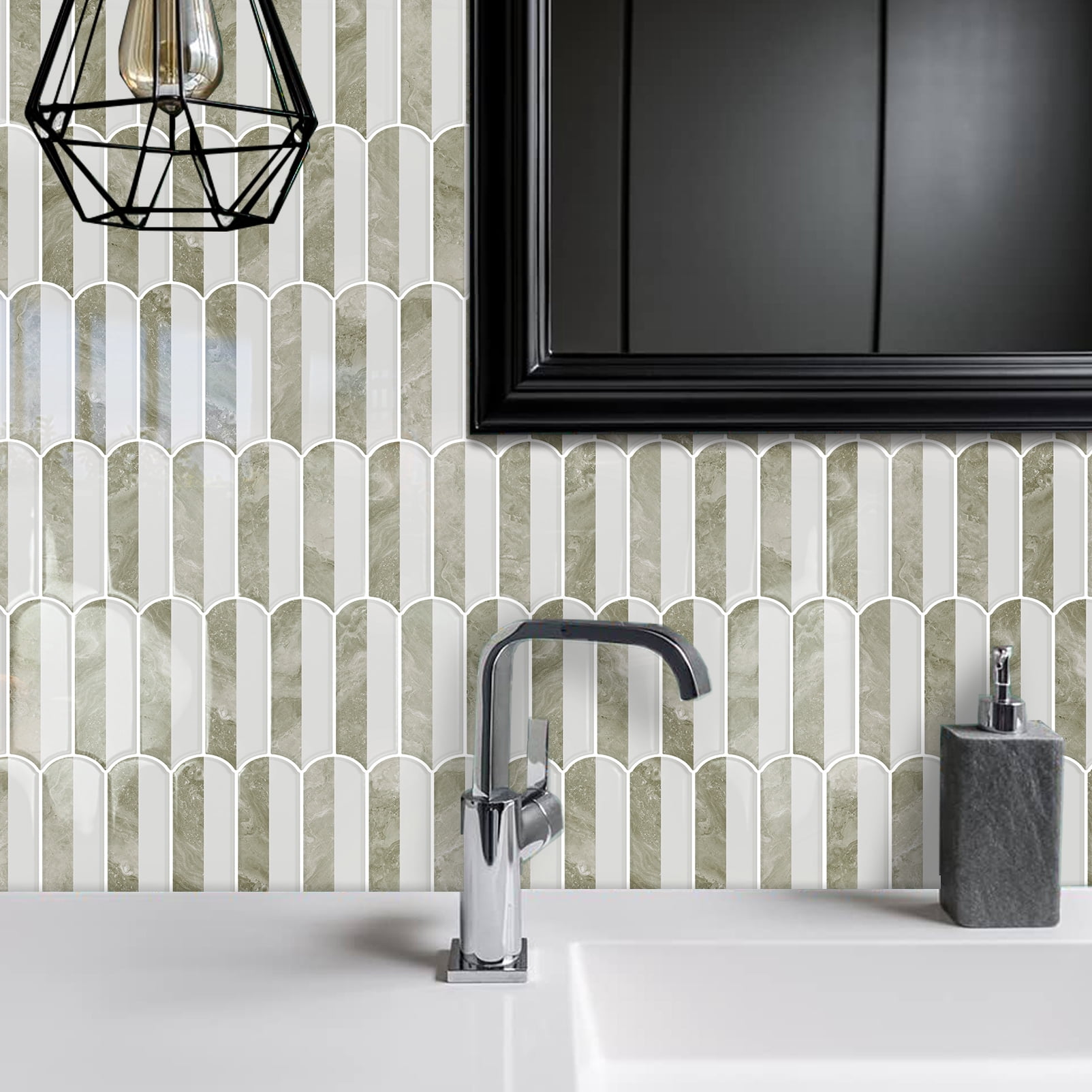 DEWOO 10-Sheet Upgraded Thicker Peel and Stick Kitchen Backsplash Tiles,Waterproof Self-Adhesive Vinyl Wall Tile Fish Scale Mosaic Design,for Bathroom,Fireplace and RV(Beige,12"×12")