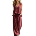 thumbnail image 5 of mihongmao 80s Outfit for Ladies Date Night Sets Women's Casual Summer Beach Loose Two Piece Outfit Sleeveless V Neck Ruffle Top Wide Leg Pants Set Wine M, 5 of 9