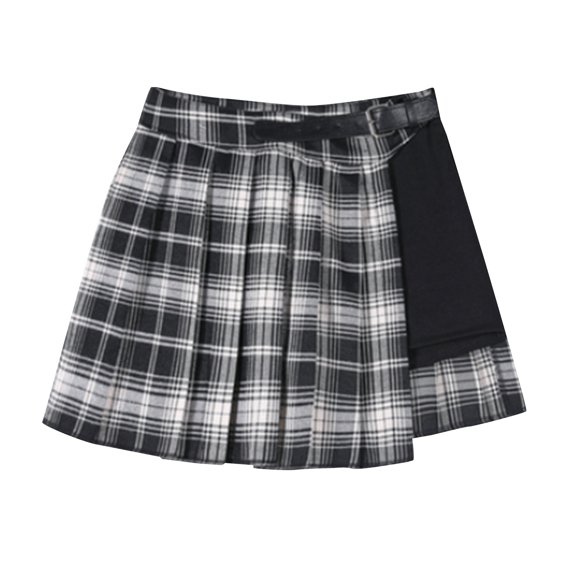 Levmjia Women Pleated Skirt High Waist A-Line Checkered Mini Skirt Casual Polyester Asymmetric Hem Versatile Daily Wear Travel Party