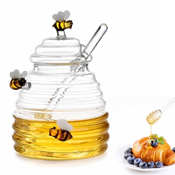 1-Pack 500ml Borosilicate Glass Honey Jar with Wooden Dipper & Airtight Lid, Bee Decor Honey Pot for Honey Syrup Kitchen Storage