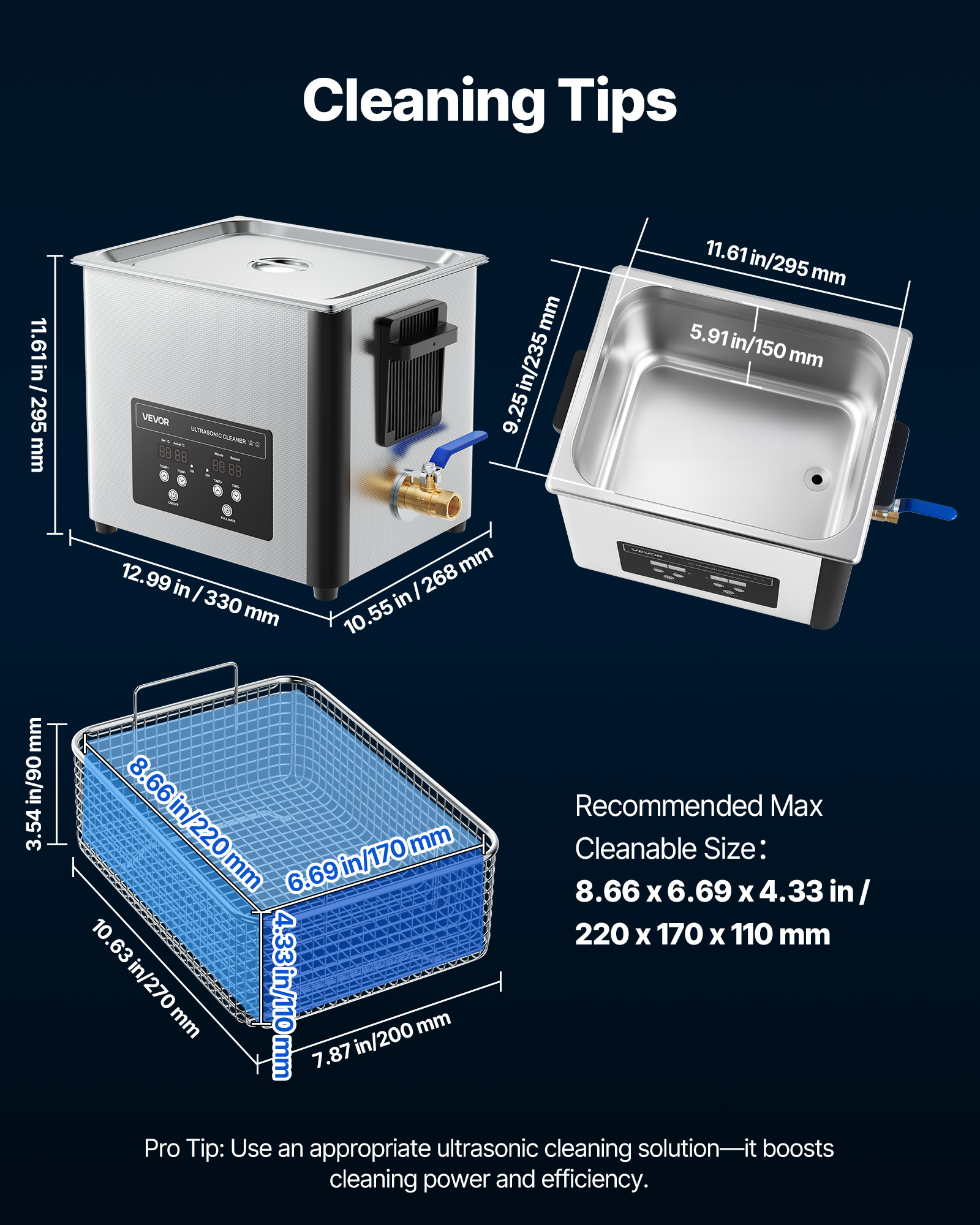 VEVOR 10L Ultrasonic Cleaner, Professional Ultrasonic Cleaner Machine with Cleaning Basket & Digital Display, 180W Stainless Steel 40kHz Cleaning Machine for Watches,Razors,Jewelry,Coins,and More