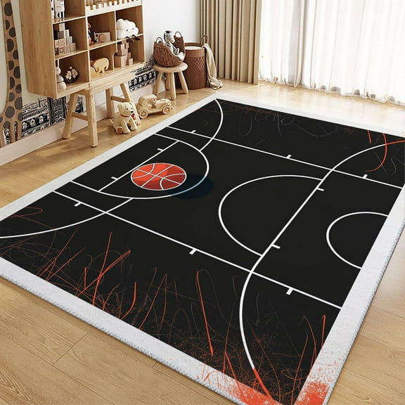 Area Rug Rectangle Carpet For Living Room, Simple Basketball Court Line Art Machine Washable Rug, Stain Resistant Non Slip Black Rug For Bedroom Kitchen