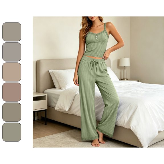 Rvasteizo Plus Size Sleepwear Lace Sleeveless Cami Elastic Waist Full Length Pants Sleepwear