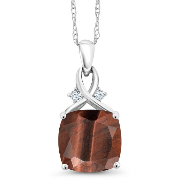 Gem Stone King 10K White Gold Red Tiger Eye Pendant Necklace for Women (3.58 Cttw, Gemstone, Cushion Cut 10MM, with 18 inch Chain)