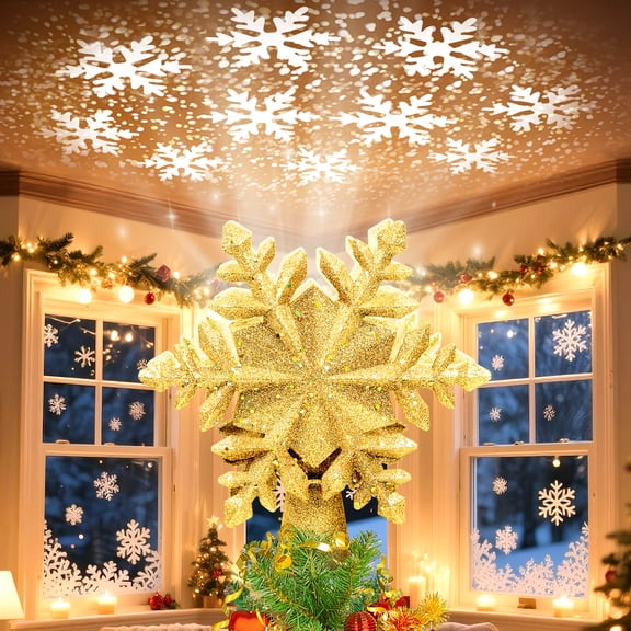 Oziral Christmas Tree Topper Star, Rotating Light With 6 Projection Modes, Snowflake Decorations for Christmas Xmas Party Holiday Decor, Gold