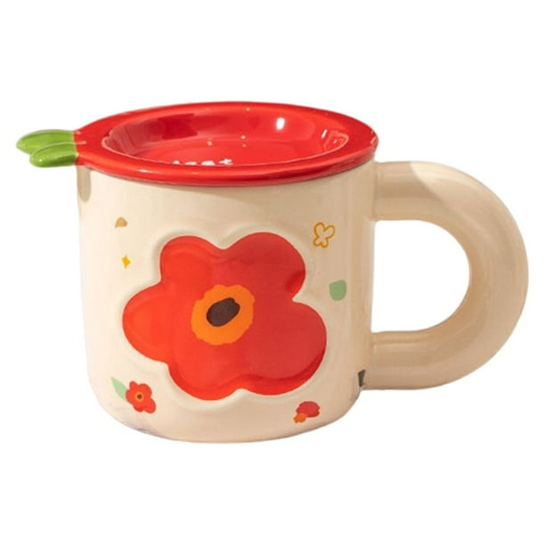 Toystoory Taza de cerámica con tapa para café y agua, bonitas tazas con diseño de flores, recipiente para desayuno, asa para taza, suministros Juegos de servir café y té Rojo