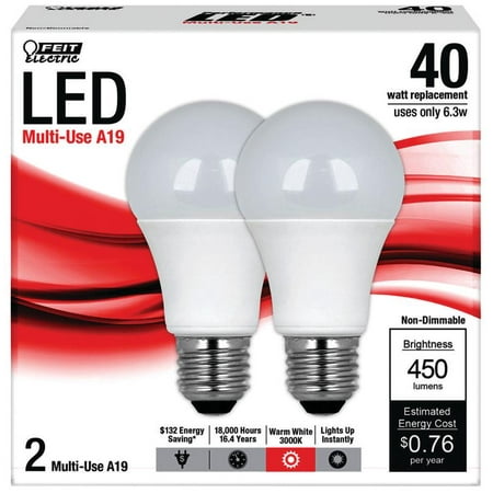 Feit Electric A450/830/LED/2 Non-Dimmable LED Lamp, 6.3 W, 120 V, Arbitrary, Medium Screw (E26)