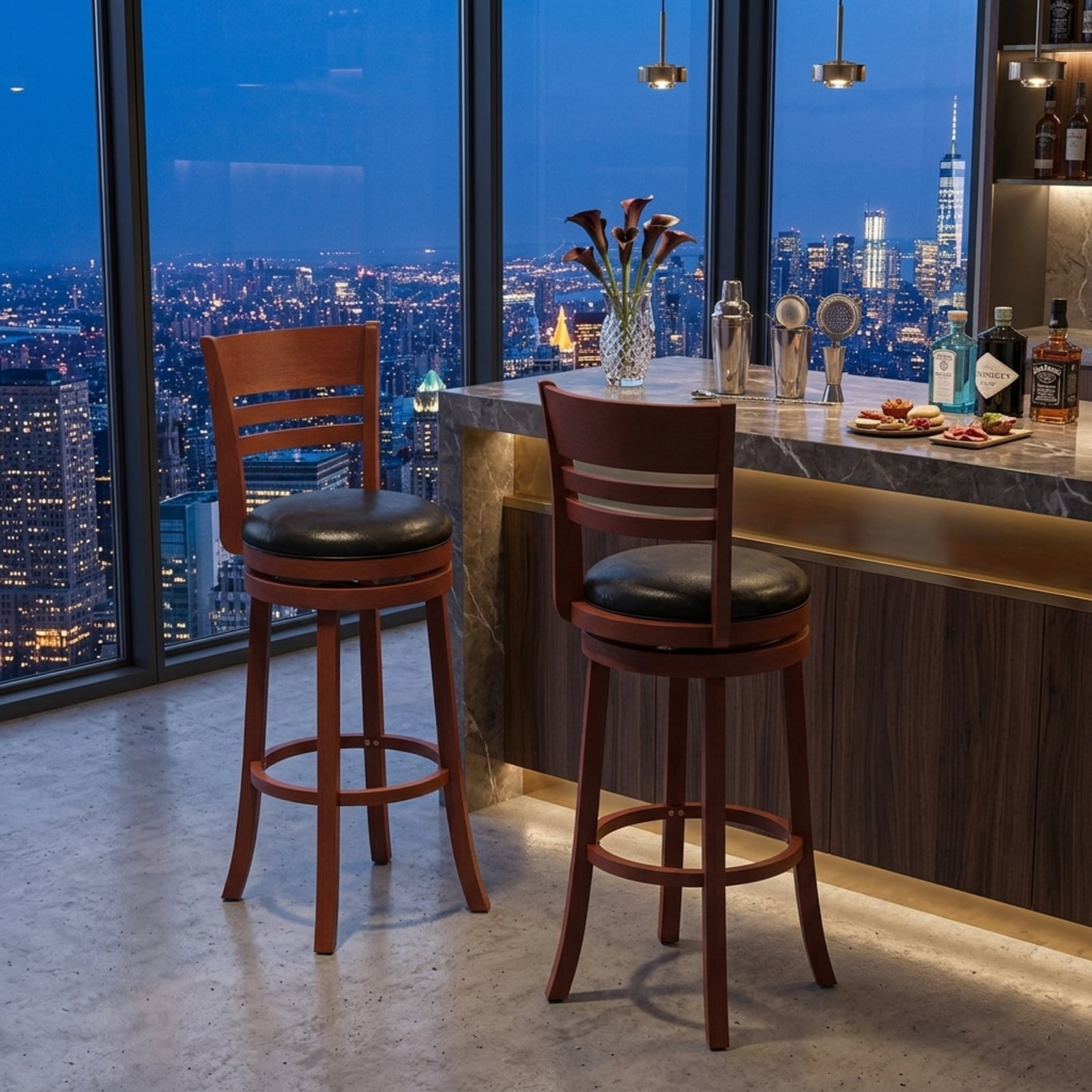 Furnibear Set of 2 360° Bar Stools with PU Upholstered Seats for Kitchen Island Counter Bar Pub Dining Home, Brown