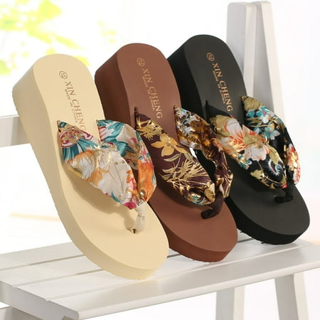 Floral Leather Thong Sandal - Meigar 2019 Women Flip Flops Bohemia Floral Beach Sandals Wedge Platform Thongs Slippers