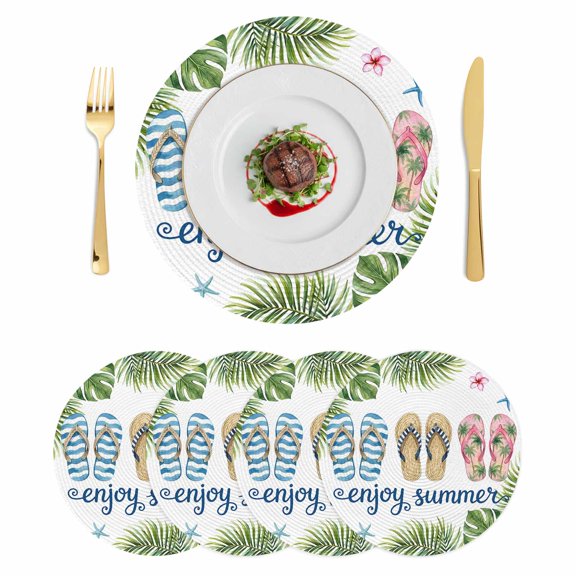 Summer Slippers Round 15 Inch Placemats Set of 4, Tropical Botanical Palm Leaves HeatResistant Non Slip Place Mats for Dining Table, Wipeable Braided Kitchen Table Mats for Housewarming