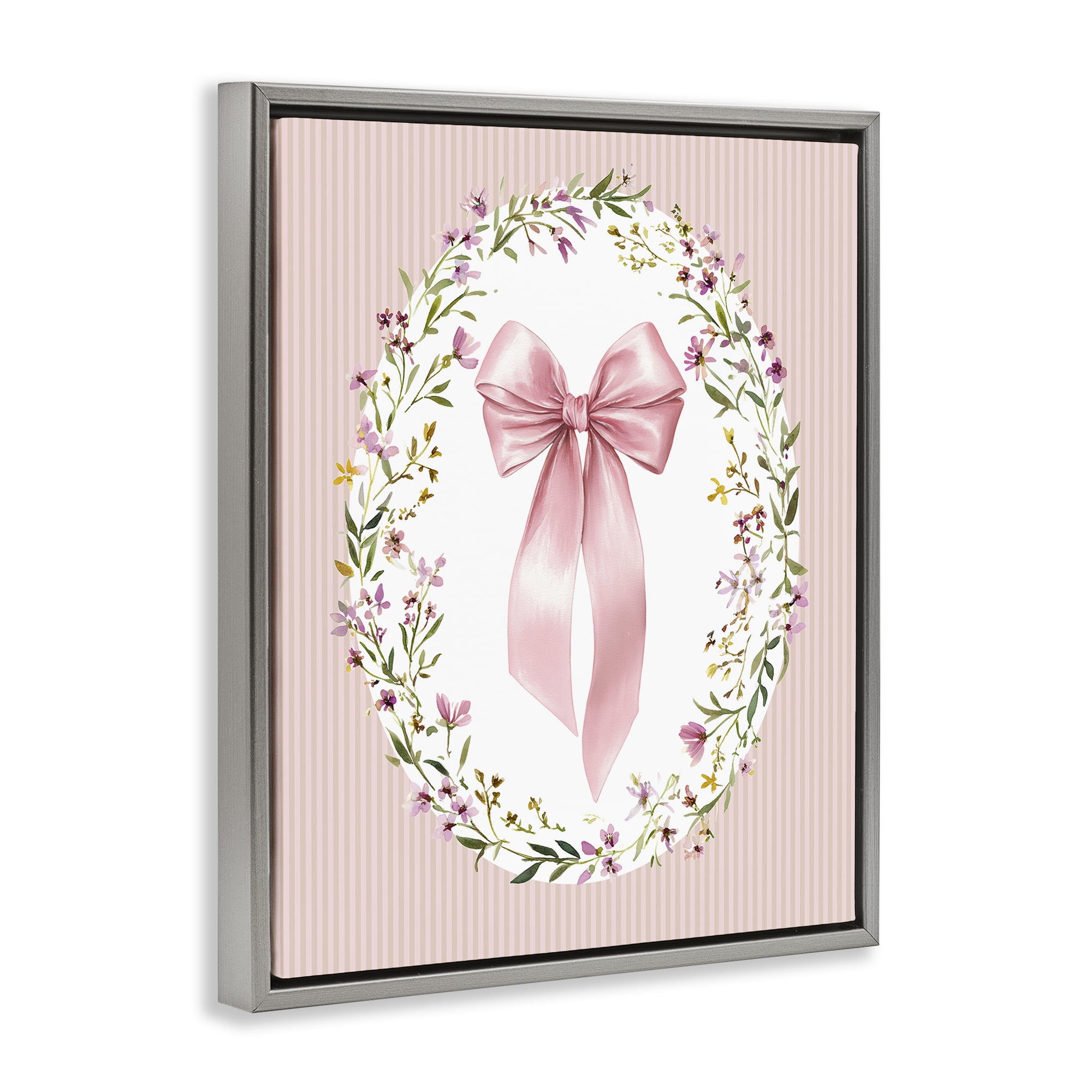Stupell Industries Ribbon with Oval Florals Gray Framed Floater Canvas Wall Art, design by Christine Simpson Art