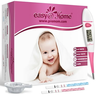 Easy@Home Fertility Combo Kit: 50 Ovulation Strips, 20 Pregnancy Tests, 1 Basal Thermometer, 70 Cups