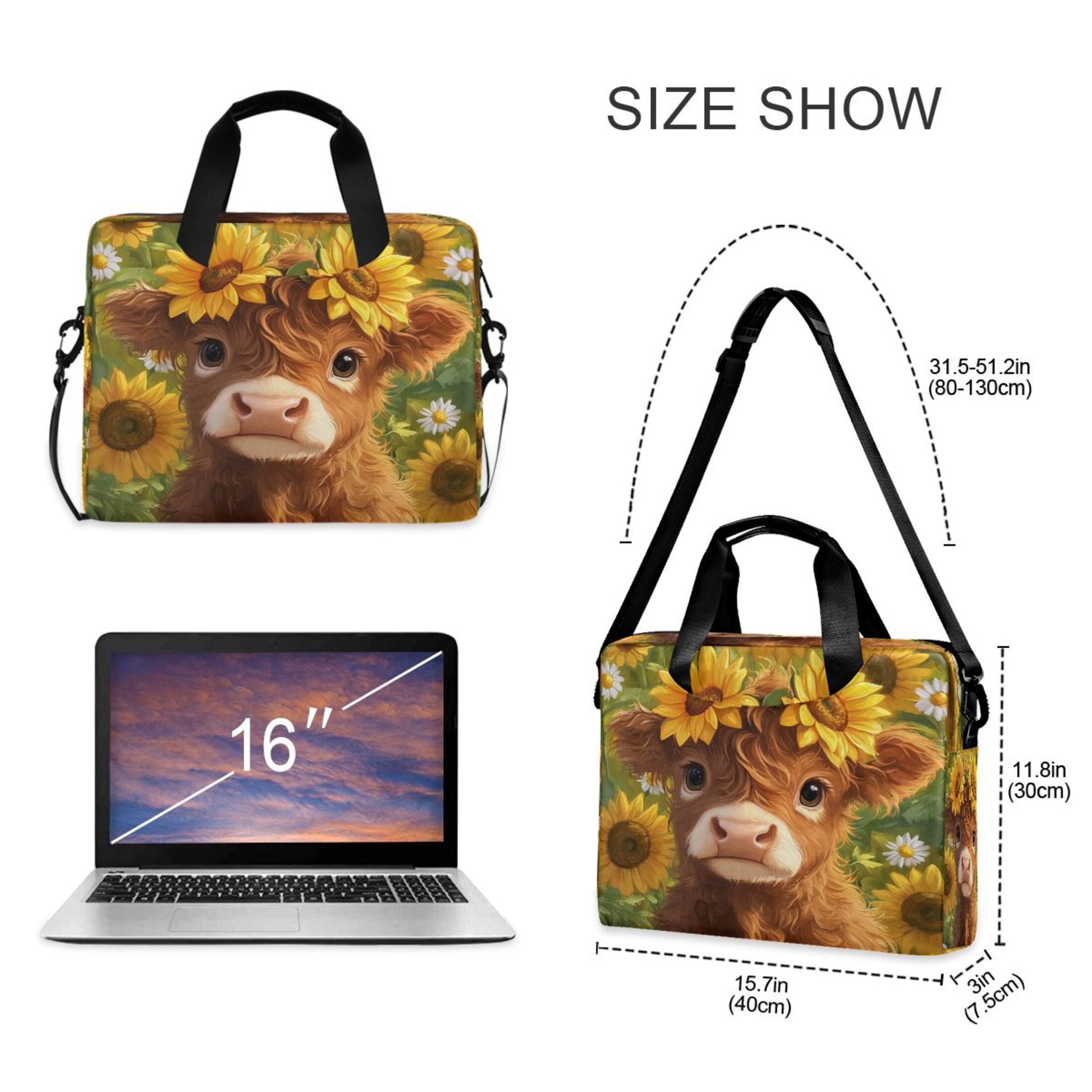 16" Laptop Tote Bag Laptop Sleeve Case Computer Briefcase for Work & Travel Cute Highland Cow