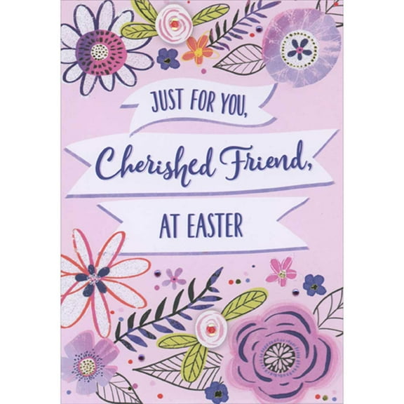 Designer Greetings Cherished Friend: Two Small 3D Die Cut Pink Flowers with Sequins Over Sparkling Florals on Pink Hand Decorated Easter Card for Friend