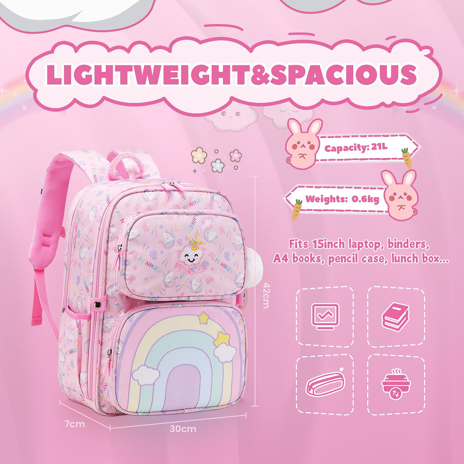 Mochila escolar para niñas, bonita con arcoíris, de gran capacidad y múltiples bolsillos, rosa 4