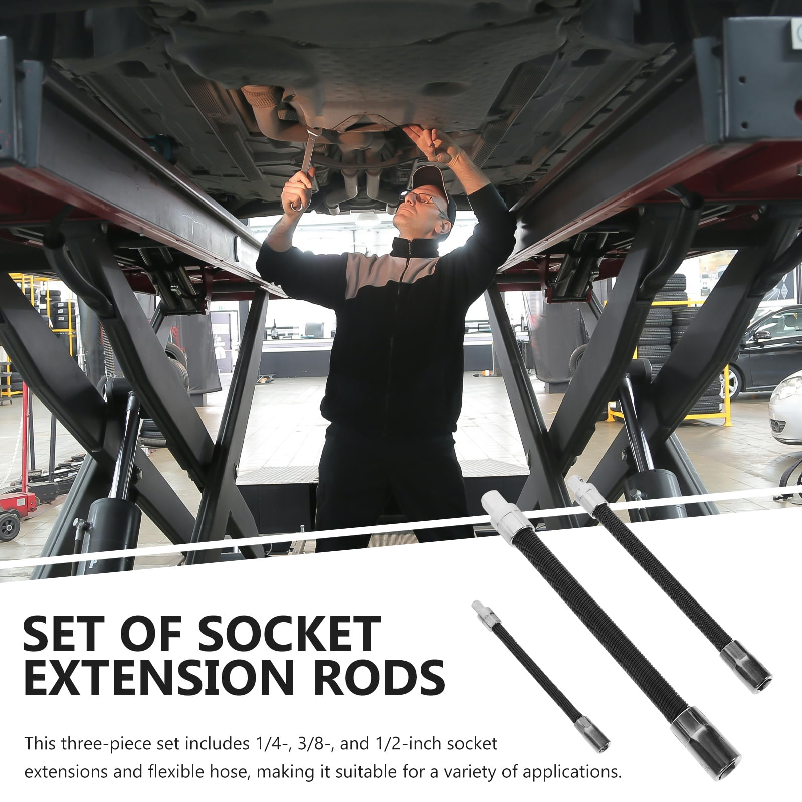 Flexible Socket Extension Set with 1/4 3/8 1/2 Inch Bars for Home Use Made of Steel Black Color