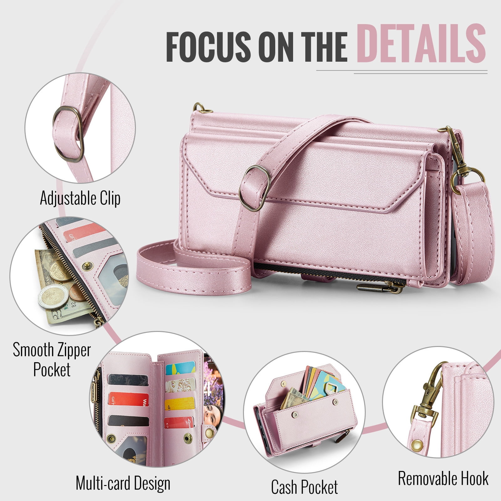 Compatible with iPhone 16 Plus 6.7 inch Zipper Wallet Phone Case Tempered Glass Screen Protector Crossbody Lanyard Strap Flip Card Holder Slot Cell Cover for i Phone16 16+ i16 16Plus Women Rose Gold