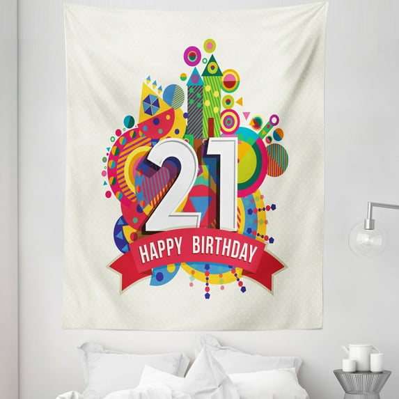 Colorful Tapestry, Colorful Design Happy Birthday Themed Image with Geometrical Castle Print, Fabric Wall Hanging Decor for Bedroom Living Room Dorm, 5 Sizes, Multicolor, by Ambesonne