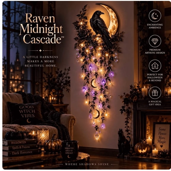 Elegant Halloween Cascade Wall Light, Raven Midnight Decor with Raven Crescent Moon and Cascading Crystals, Gothic Wall Hanging for Halloween Home