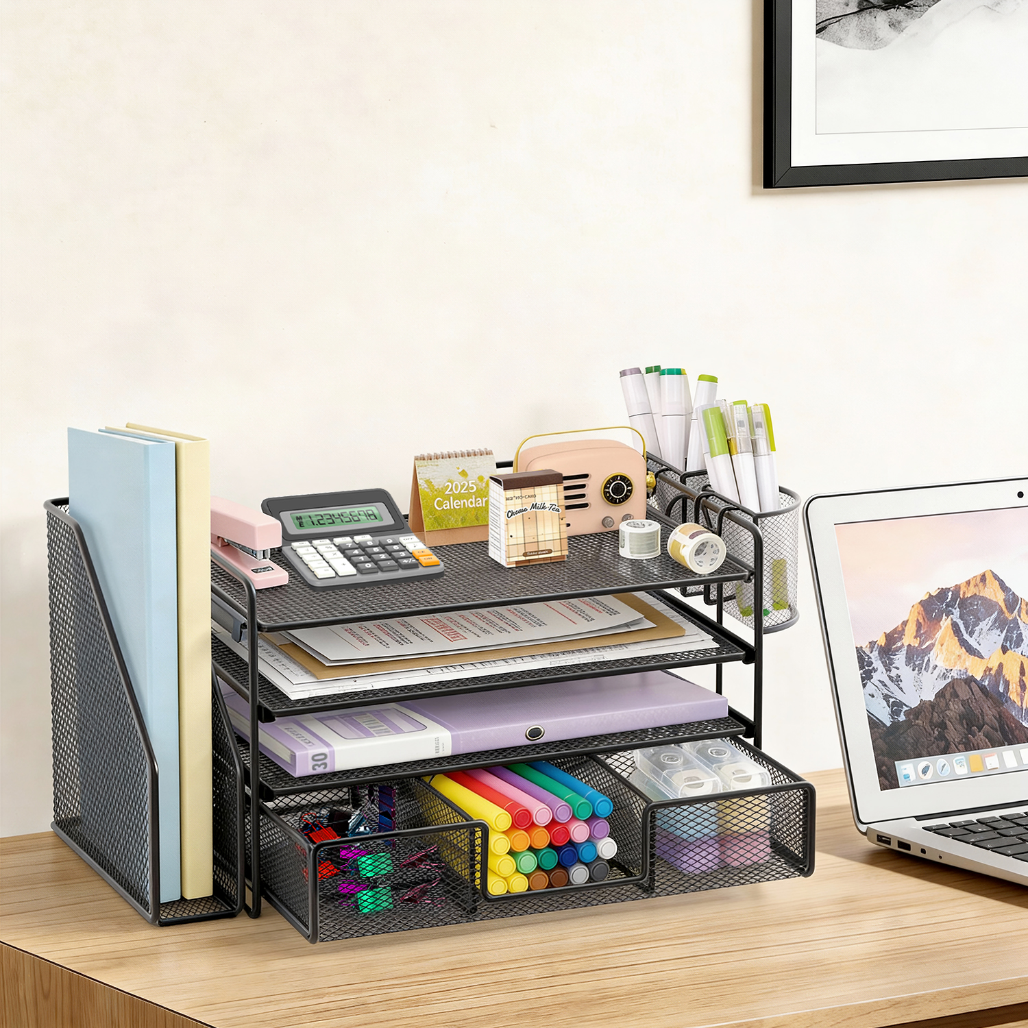 Desk Organizer and Accessories, 4-Tier Desktop File Organizer with Drawer and 2 Pen Holders, Office Desk Accessories & Workspace Organizers (Black)