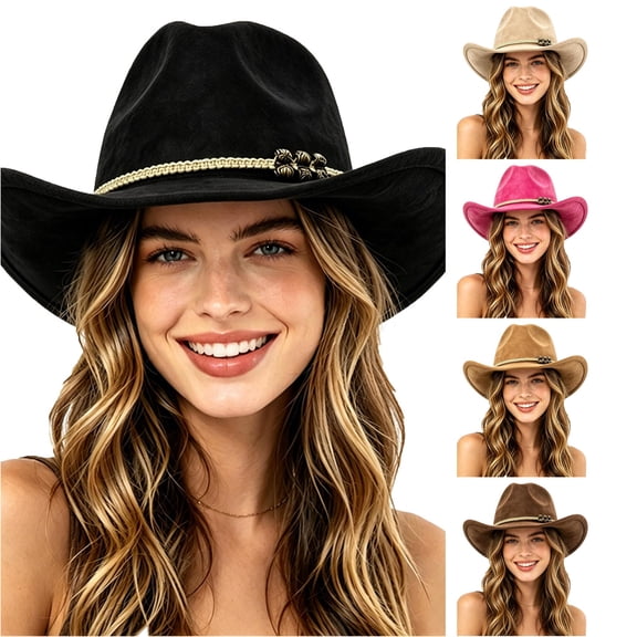 XIAOCHA Womens Solid Suede Cowboy Hat Braided Trim Western Hats Outdoor Sun Protection Wide Brim Western Hat,Black