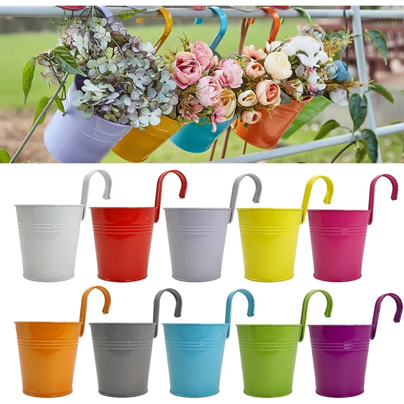 10Pcs 4 inch Hanging Flower Pots Metal Iron Bucket Planter for Railing Fence Balcony Garden Home Decoration Flower Holders with Detachable Hooks, Multi,
