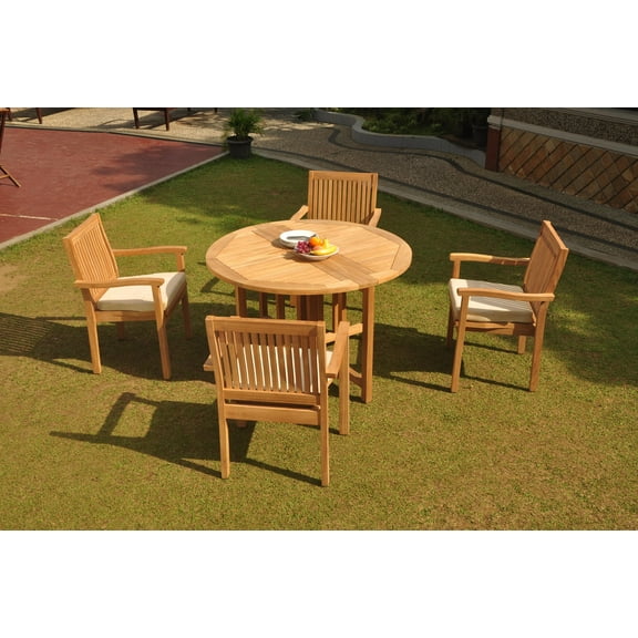 Grade-A Teak Dining Set: 4 Seater 5 Pc: 48" Round Butterfly Table And 4 Leveb Stacking Arm Chairs Outdoor Patio WholesaleTeak #WMDSWVm