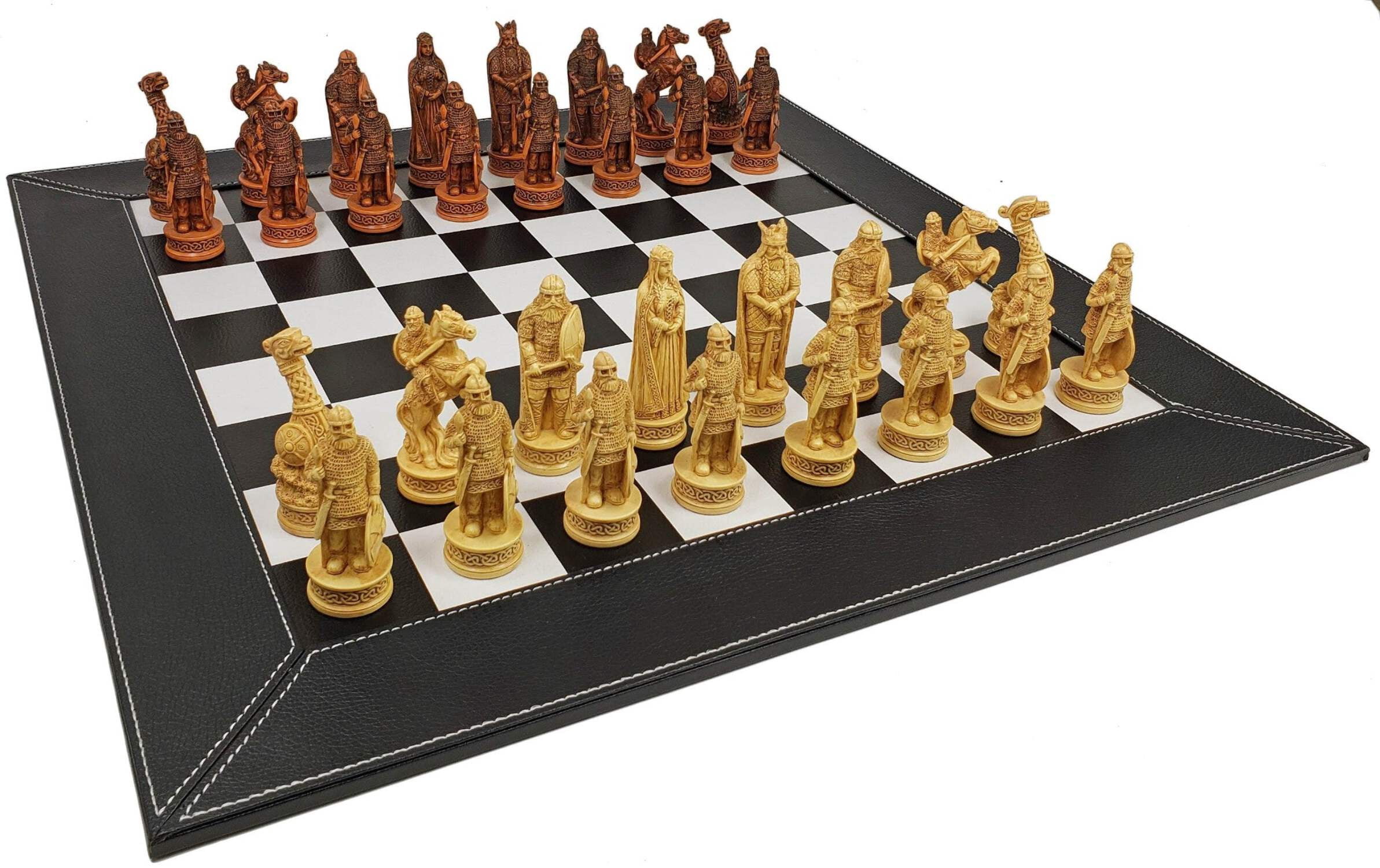 Antique White  Brown Norse Viking Chess Set 18" Black White Faux Leather Board