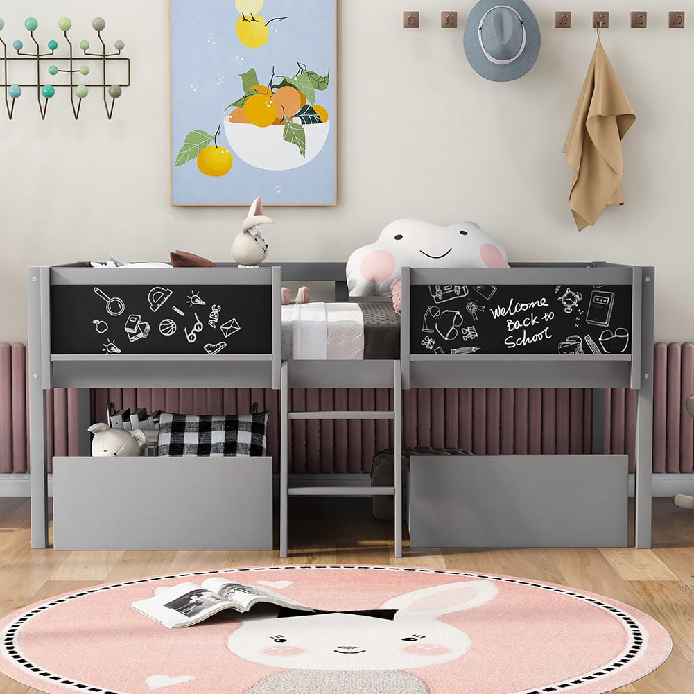 Kadyn Twin Size Low Loft Bed with Two Drawers,with Decorative Guardrail Chalkboard,Gray