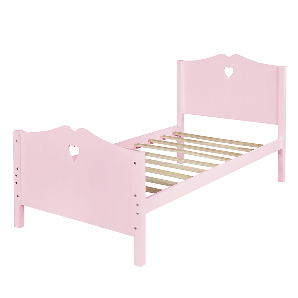 Lowestbest Platform Beds for Teens, Twin Size Bed Frame with Wood Slat Support and Headboard and Footboard, Pink