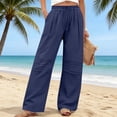 thumbnail image 2 of FRSASU Summer Pants for Women Casual Summer Drawstring Elastic High Waist Cotton Linen Pants Straight Wide Leg Trousers Navy, 2 of 9