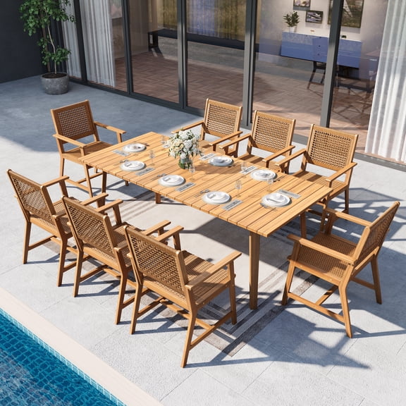 Sophia & William 9 Pieces Acacia Wood Outdoor Patio Dining Set Wicker Rattan Chairs and Rectangle Table Furniture Set for Lawn, Garden, Backyard