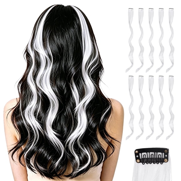 Uxcell 10 Pcs Colored Clip in Hair Extensions, 22 Inch Curly Hair Wavy Extensions for Women Girls Highlights Synthetic Wig for Party Cosplay Daily Hair Styling, White