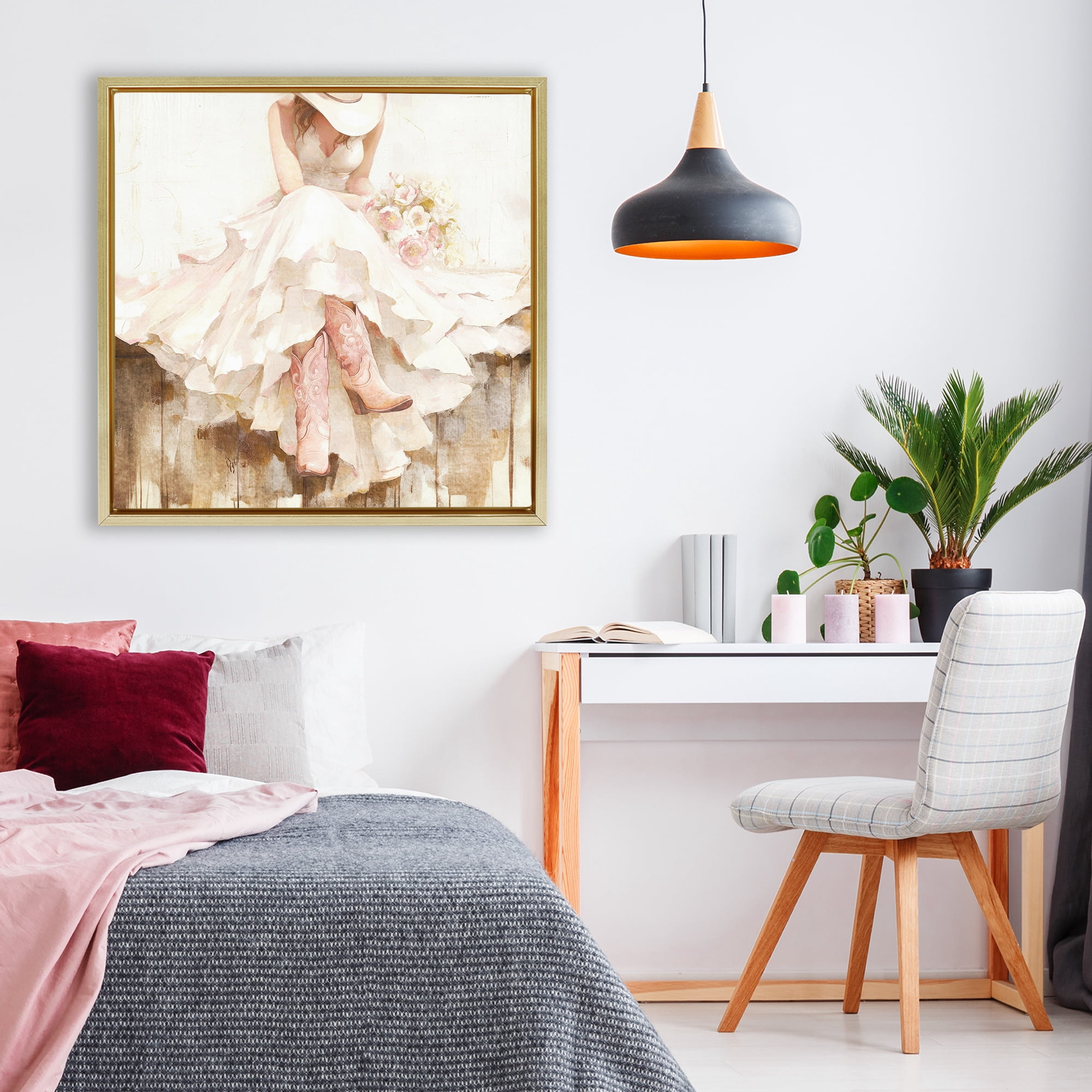 Stupell Industries Cowgirl On The Fence Gold Framed Floater Canvas Wall Art, design by Tina LeCour