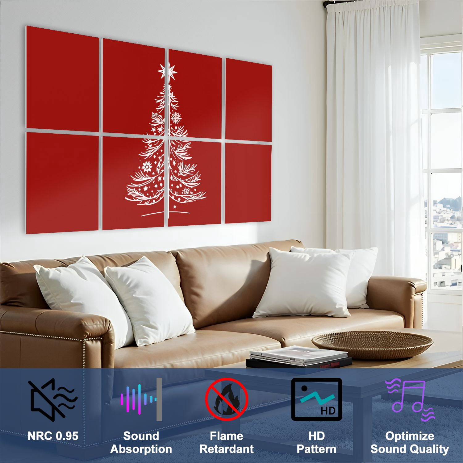 8 Pack Art Acoustic Panels Sound Absorbing White Christmas Tree Decorative Soundproof Wall Panels Self Adhesive for Nursery Game Room Bedroom 48"x32"