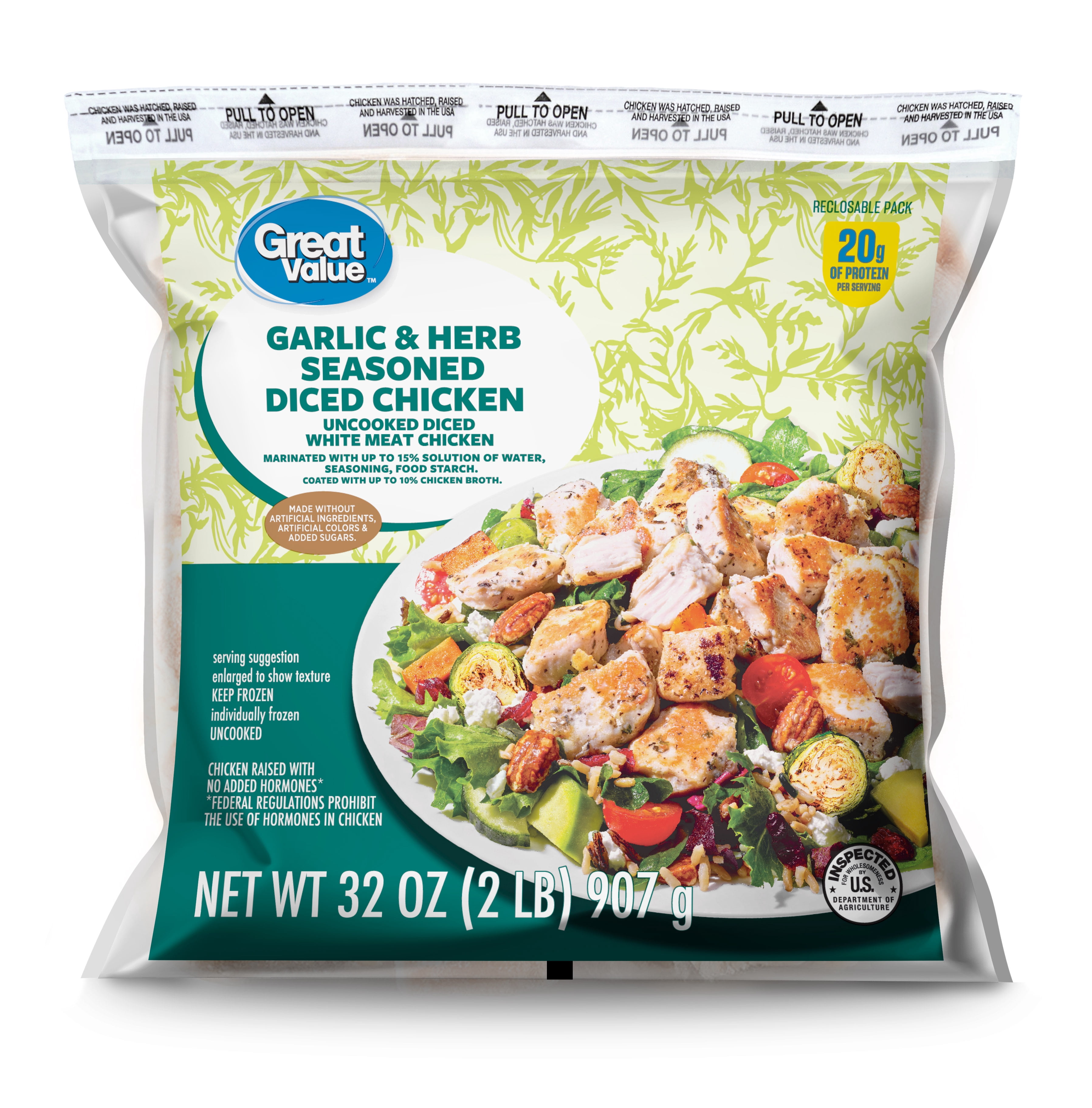 Great Value Garlic and Herb Seasoned Diced Chicken Breast, 2lb (Frozen)