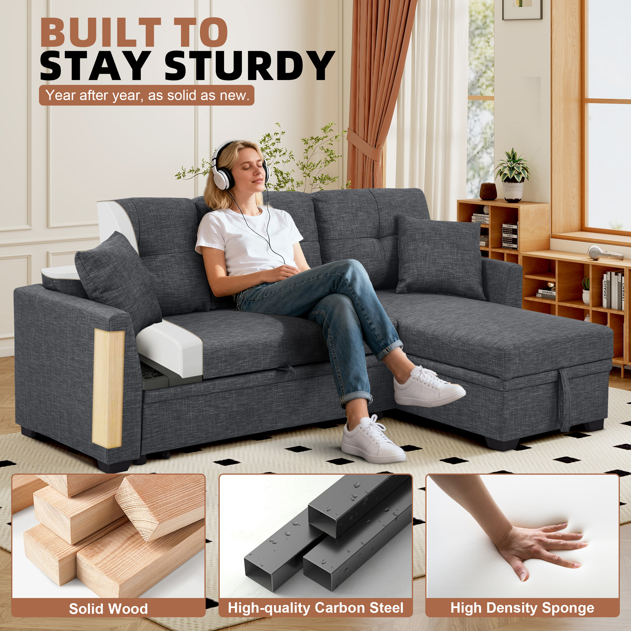 Aukfa Pull-Out Sleeper Sofa Bed with Storage Chaise, Reversible Loveseat for Living Room, Linen, Dark Gray