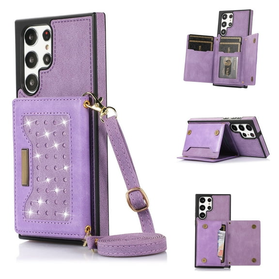 ELEHOLD Stylish Wallet Case for Samsung Galaxy S23 Ultra, Flip Card Slots Diamond Bling Sparkle Design RFID Blocking Detachable Shoulder Strap for Girls Women Purse Case,Purple