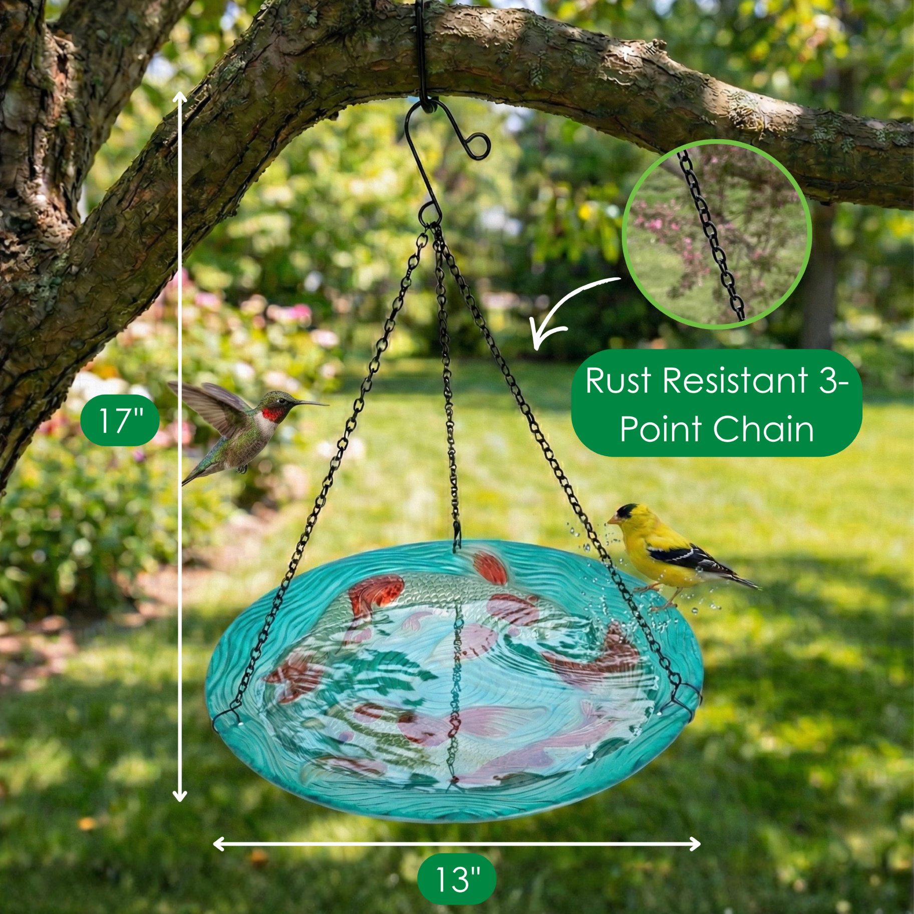 Songbird Essentials Outdoor Bird Bath, Hanging Glass Birdbath, Koi Pond 13in Round