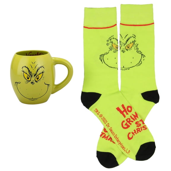 Dr. Seuss The Grinch Naughty or Nice Oval Ceramic 18oz Mug and Crew Sock Combo